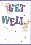 Radiating warmth and cheerful optimism, this get well card depicts two adorable characters-a lovable teddy bear and an excitable puppy-who spring from the page to cradle large, colorful letters spelling out 'Get Well.' The deep indigos and teals of the text create vibrant contrast against a soft cream backdrop, reminiscent of morning light streaming through a Croydon window. Stars in every shade of blue and purple glimmer across the scene, adding a whimsical touch that evokes hope and the promise of brighter days ahead. The bear's fluffy fur and the puppy's soft, inviting ears are illustrated with such care that one can almost sense their enveloping embrace-echoing the comfort found in a bouquet arranged to perfection in a local florist's shop near Surrey Street. This card delivers not only a message but a gentle, emotional salve, ideal for offering comfort and heartfelt support to friends and neighbors recovering along Lower Addiscombe Road or Park Hill.